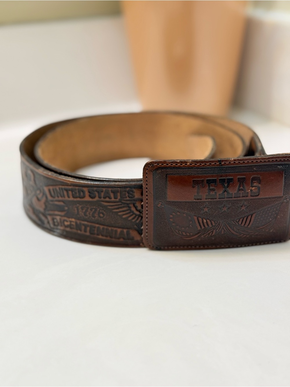 Vintage Texas Bicentennial Brown Leather Western Belt w/ Embossed Buckle C-400
